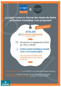 Affiche de l'atelier d'aromathérapie de la Ligue Contre le Cancer des Hauts de Seine en collaboration avec le Centre Evoleoz de Colombes